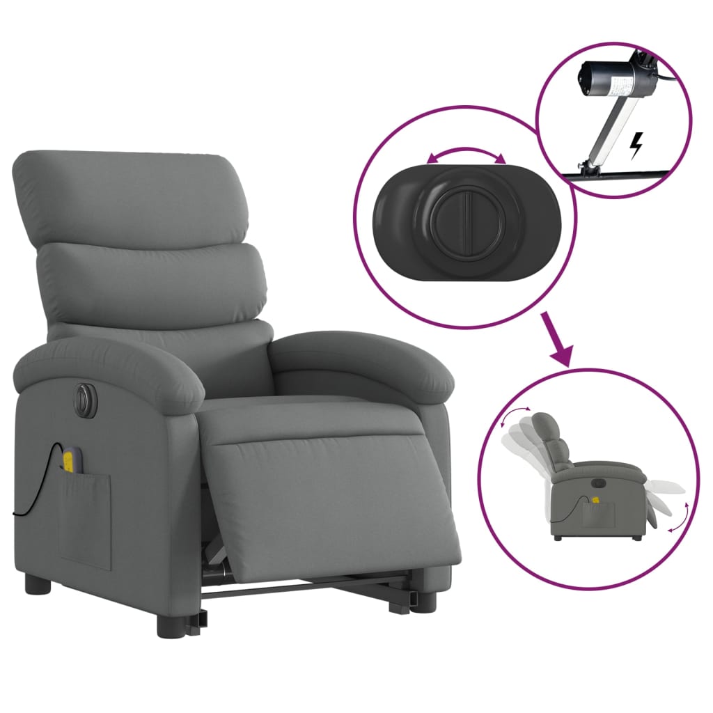 vidaXL Sillón de masaje eléctrico reclinable elevable tela gris oscuro