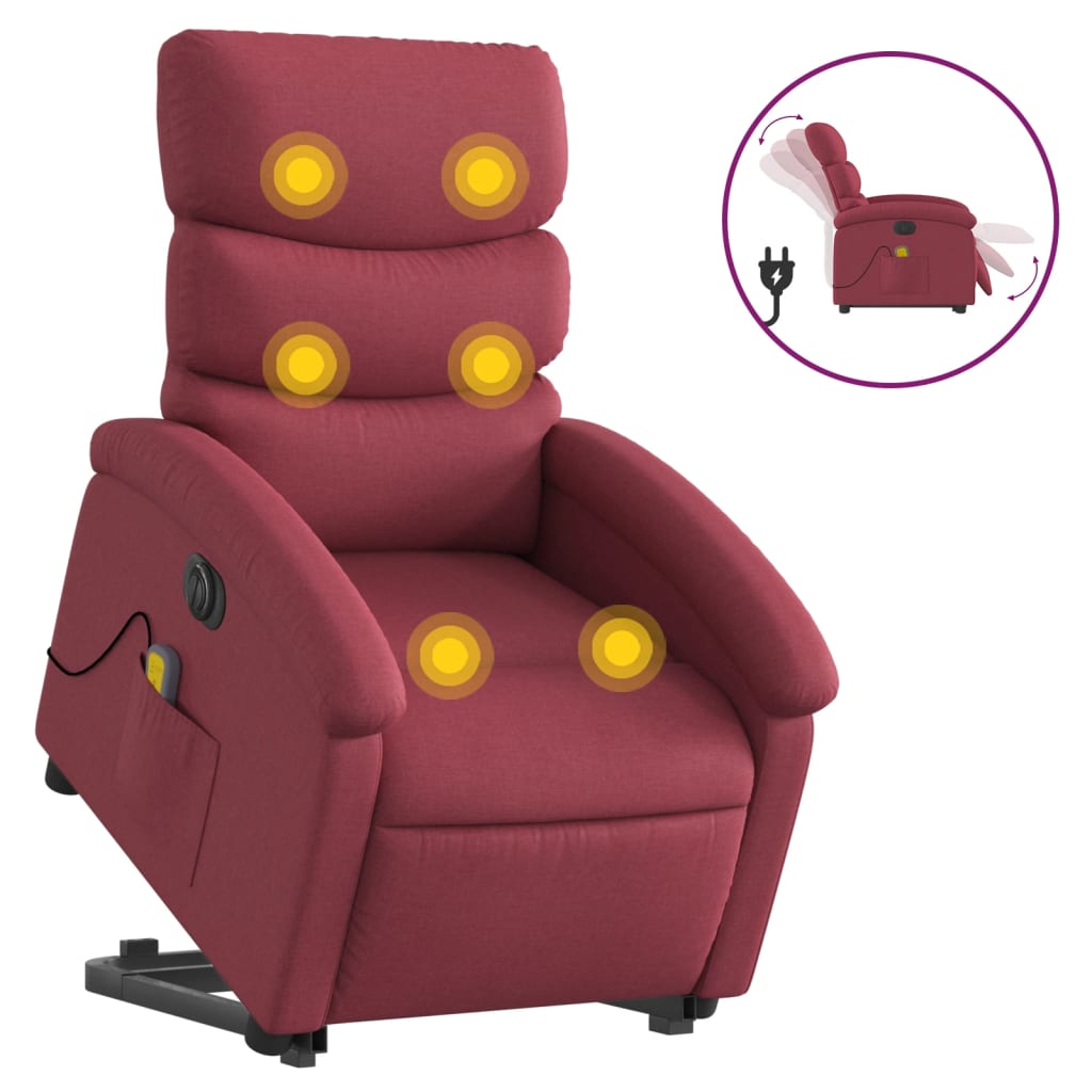 vidaXL Sillón de masaje elevable eléctrico tela rojo tinto