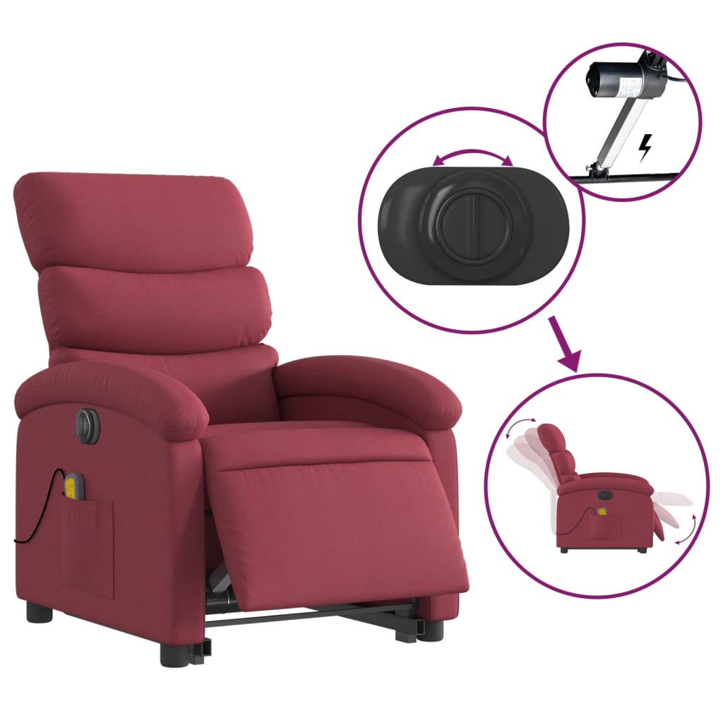 vidaXL Sillón de masaje elevable eléctrico tela rojo tinto