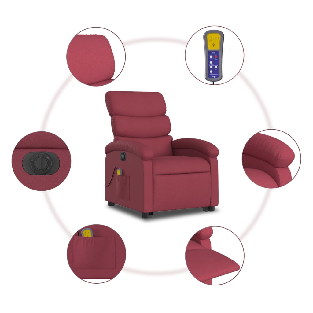 vidaXL Sillón de masaje elevable eléctrico tela rojo tinto