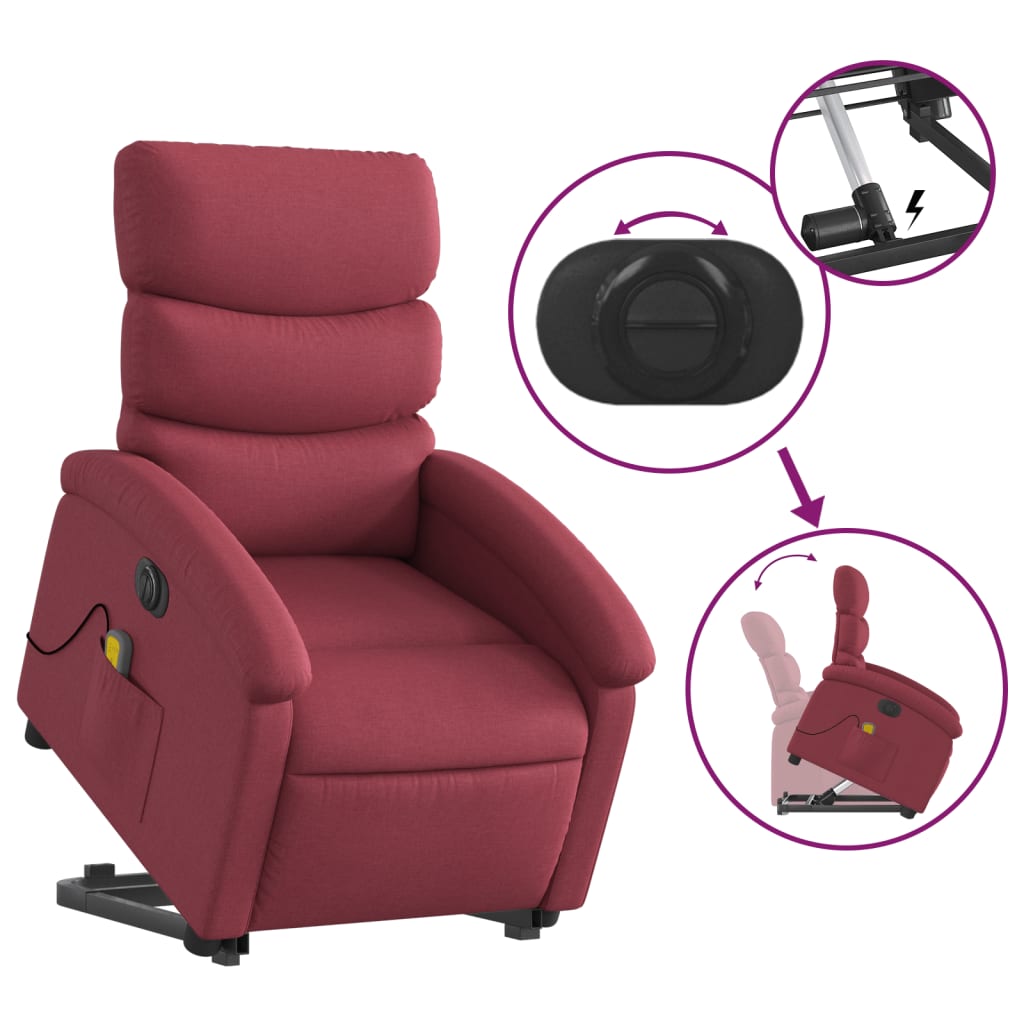 vidaXL Sillón de masaje elevable eléctrico tela rojo tinto