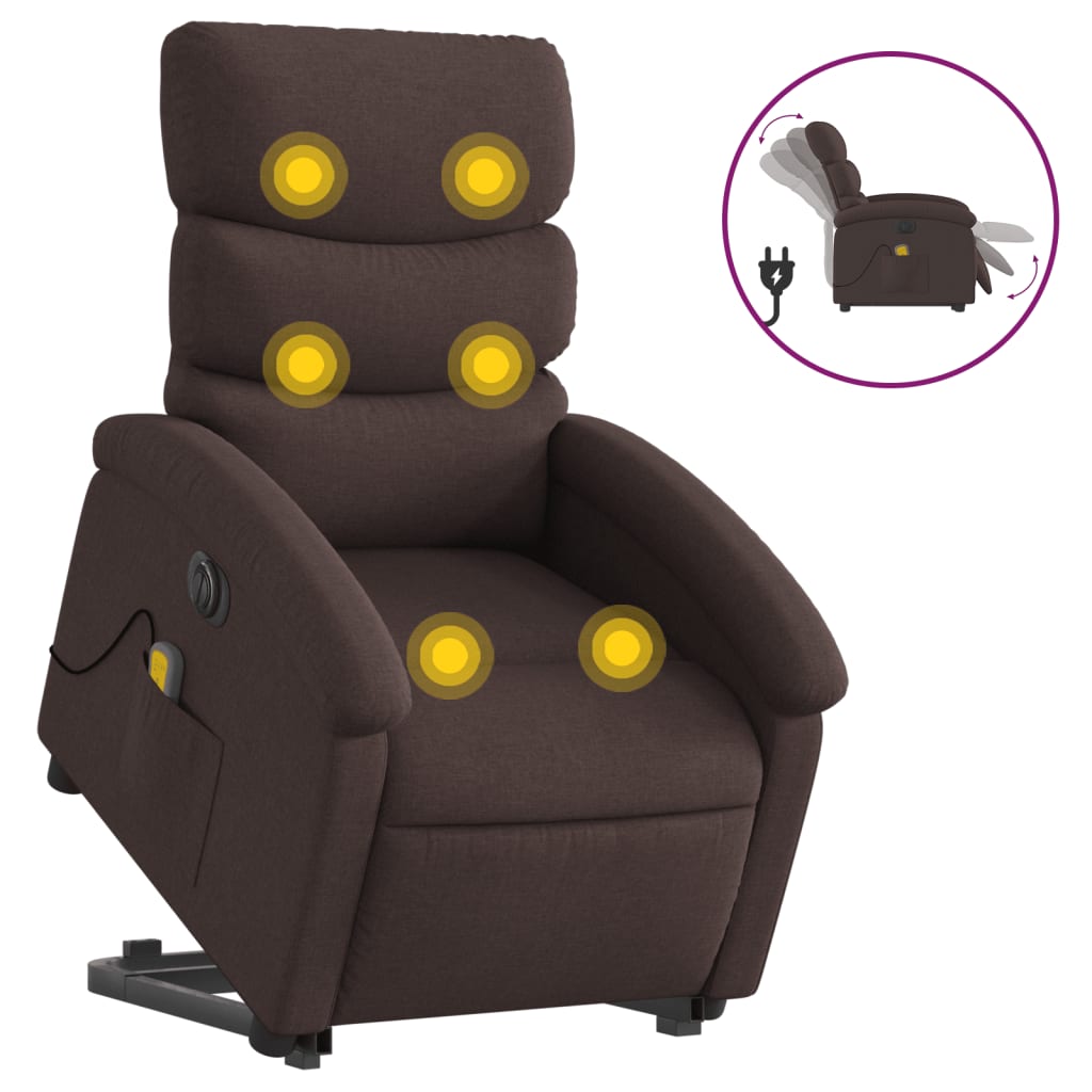 vidaXL Sillón masaje eléctrico reclinable elevable tela marrón oscuro