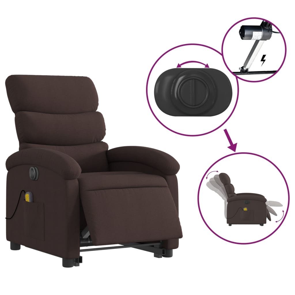 vidaXL Sillón masaje eléctrico reclinable elevable tela marrón oscuro