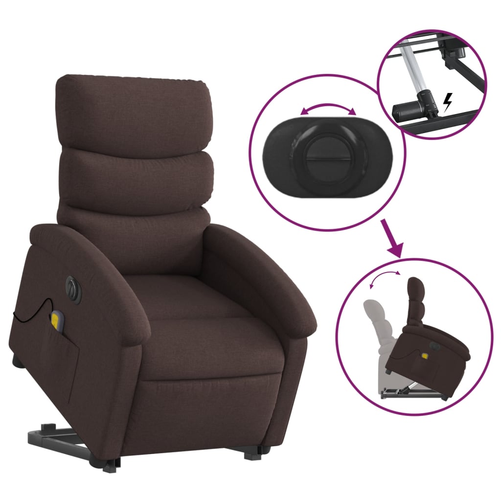 vidaXL Sillón masaje eléctrico reclinable elevable tela marrón oscuro