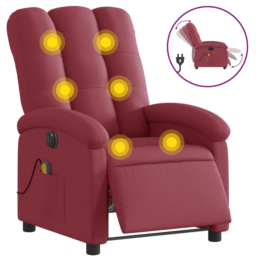 vidaXL Sillón de masaje reclinable eléctrico tela rojo tinto