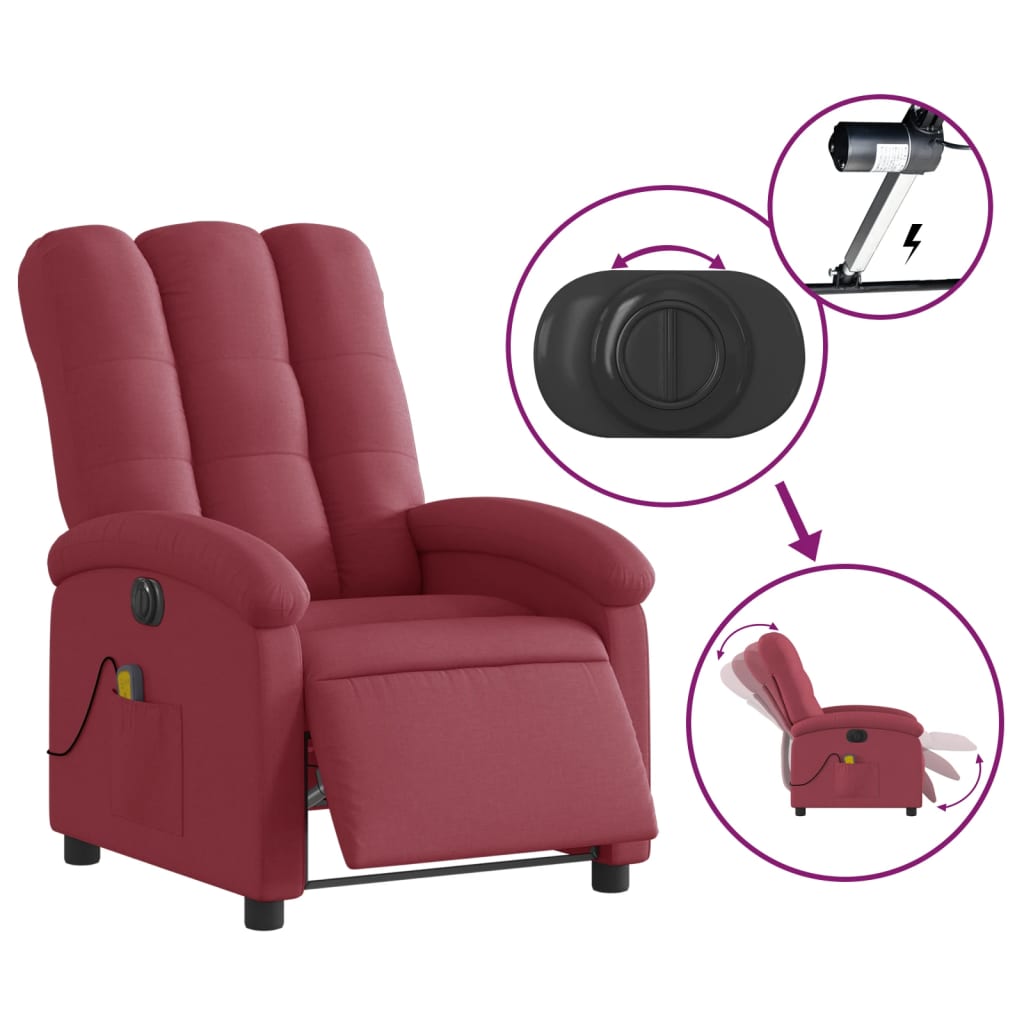 vidaXL Sillón de masaje reclinable eléctrico tela rojo tinto