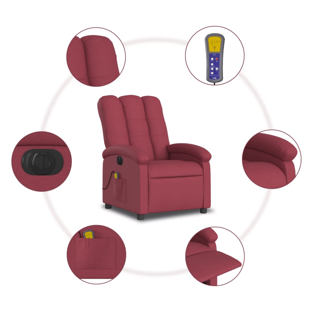 vidaXL Sillón de masaje reclinable eléctrico tela rojo tinto