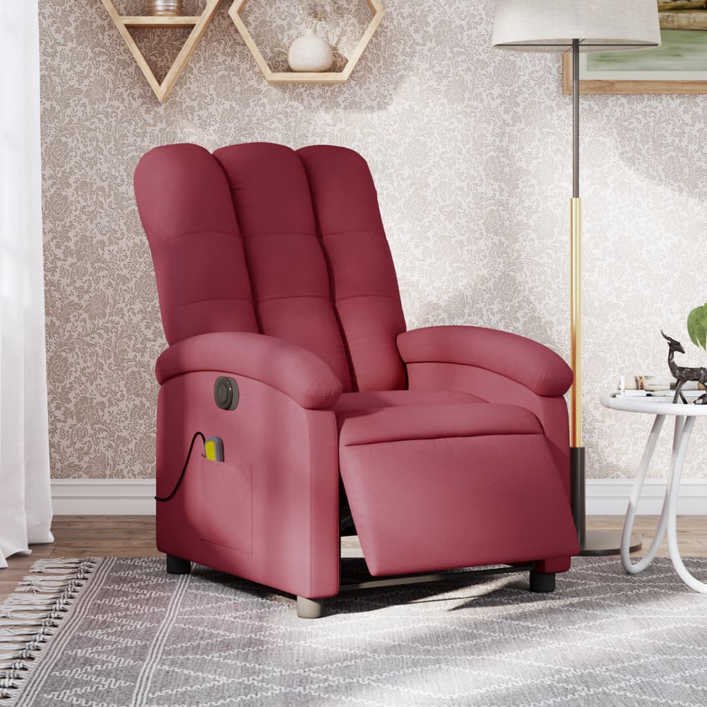 vidaXL Sillón de masaje reclinable eléctrico tela rojo tinto