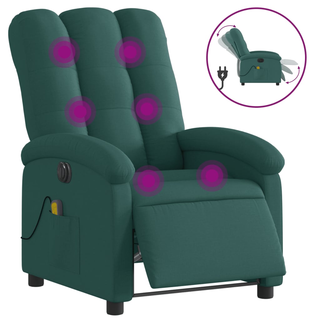 vidaXL Sillón reclinable de masaje eléctrico tela verde oscuro