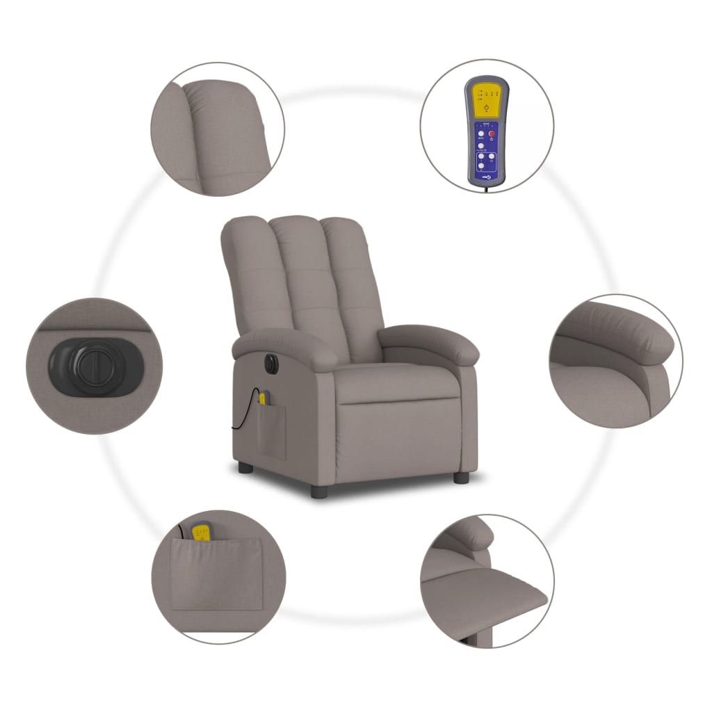 vidaXL Sillón reclinable de masaje eléctrico tela gris taupe