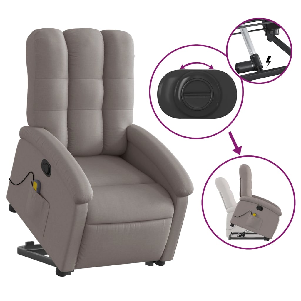 vidaXL Sillón reclinable de masaje elevable tela gris taupé