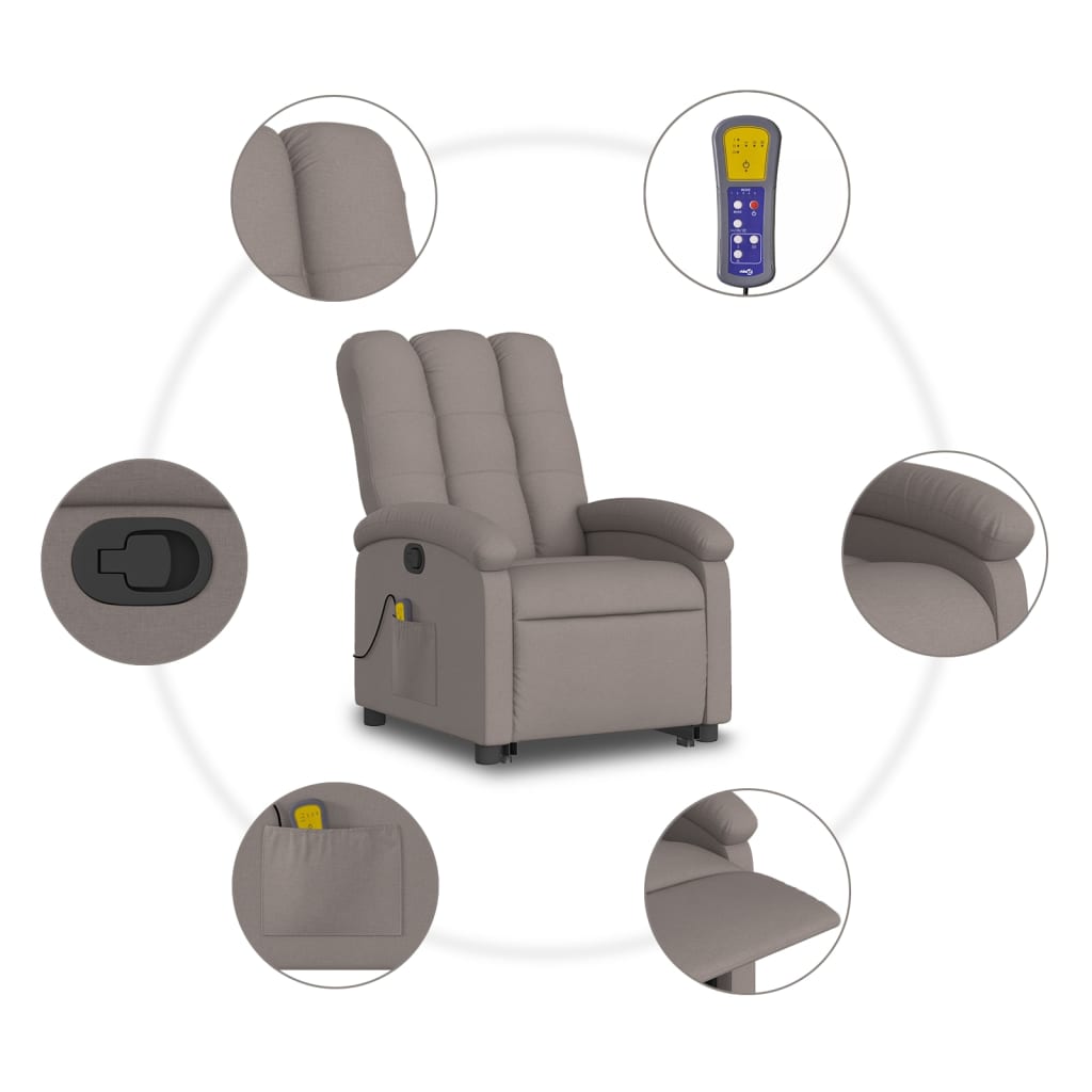 vidaXL Sillón reclinable de masaje elevable tela gris taupé