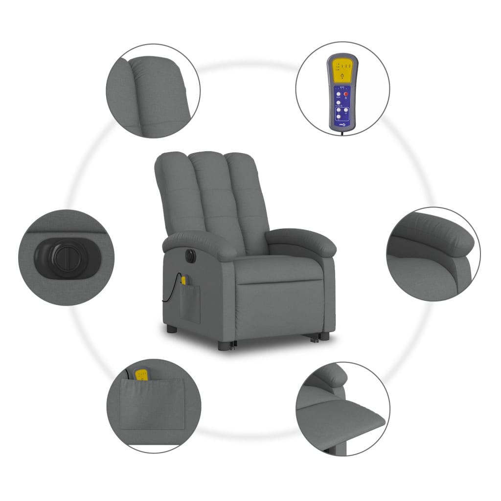 vidaXL Sillón de masaje eléctrico reclinable elevable tela gris oscuro