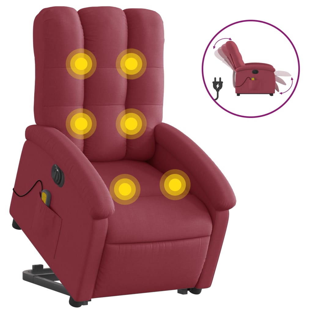 vidaXL Sillón de masaje elevable eléctrico tela rojo tinto