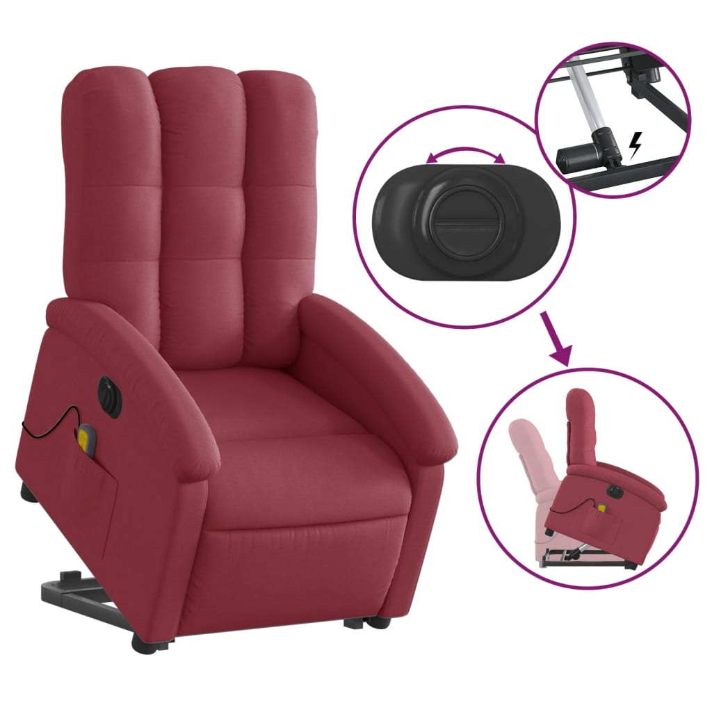 vidaXL Sillón de masaje elevable eléctrico tela rojo tinto