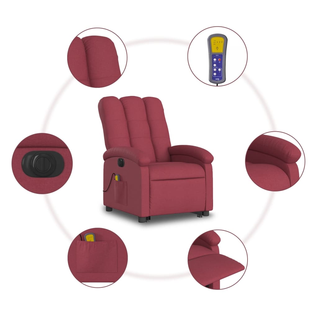 vidaXL Sillón de masaje elevable eléctrico tela rojo tinto