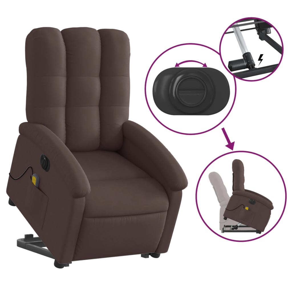 vidaXL Sillón masaje eléctrico reclinable elevable tela marrón oscuro