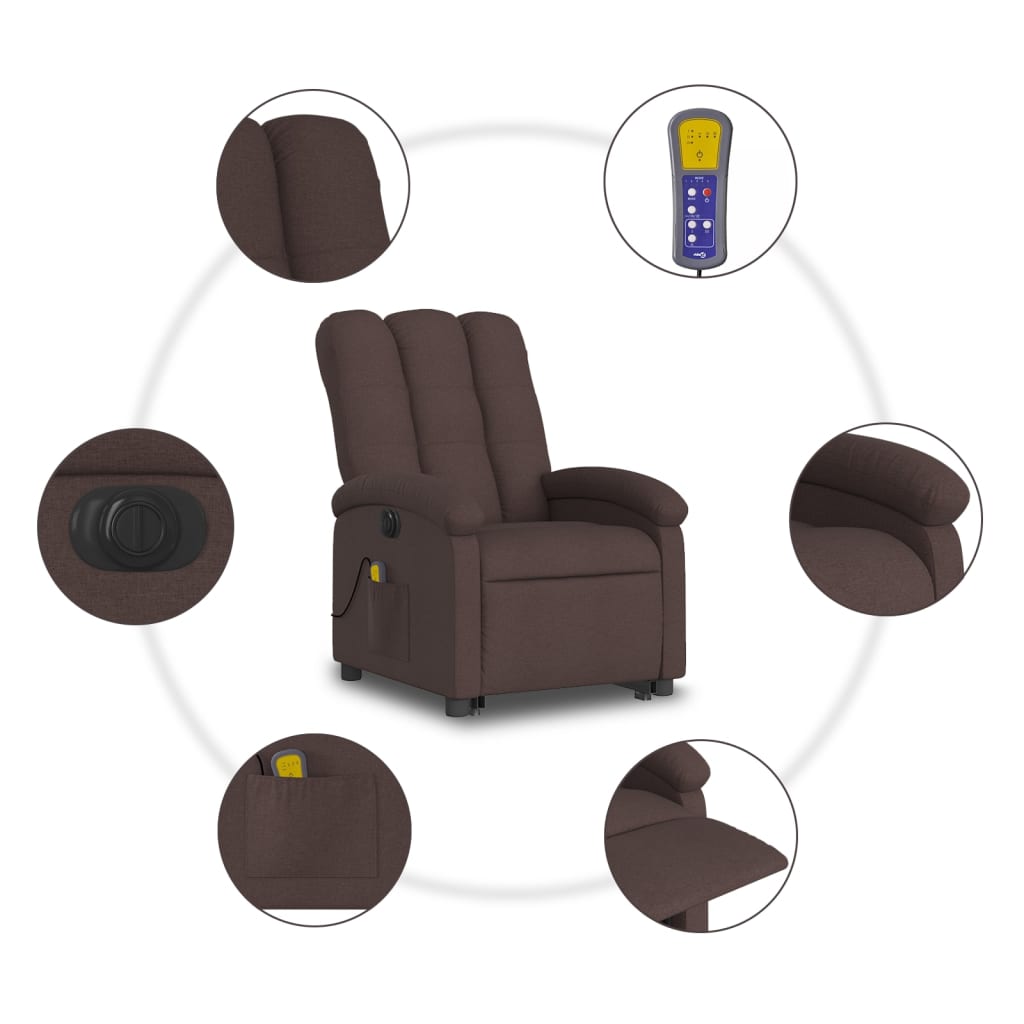 vidaXL Sillón masaje eléctrico reclinable elevable tela marrón oscuro