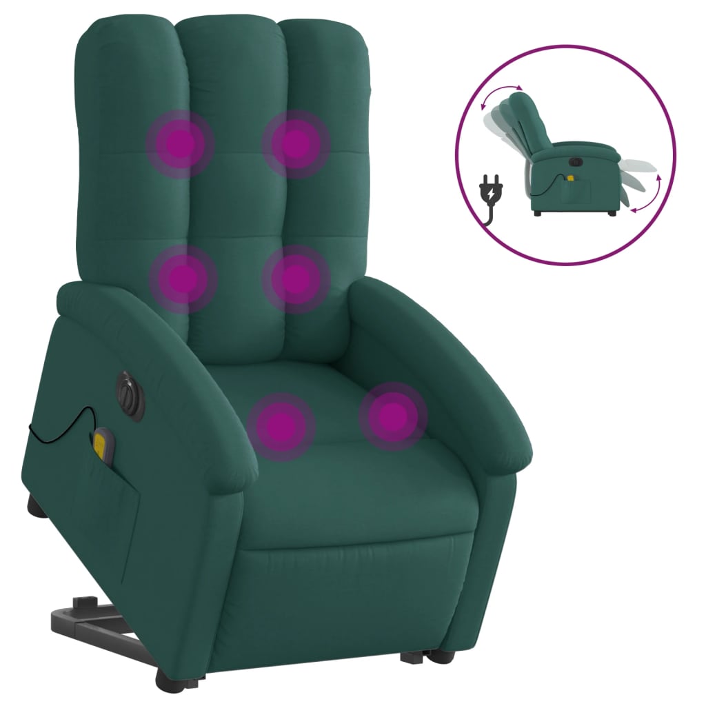 vidaXL Sillón masaje eléctrico reclinable elevable tela verde oscuro