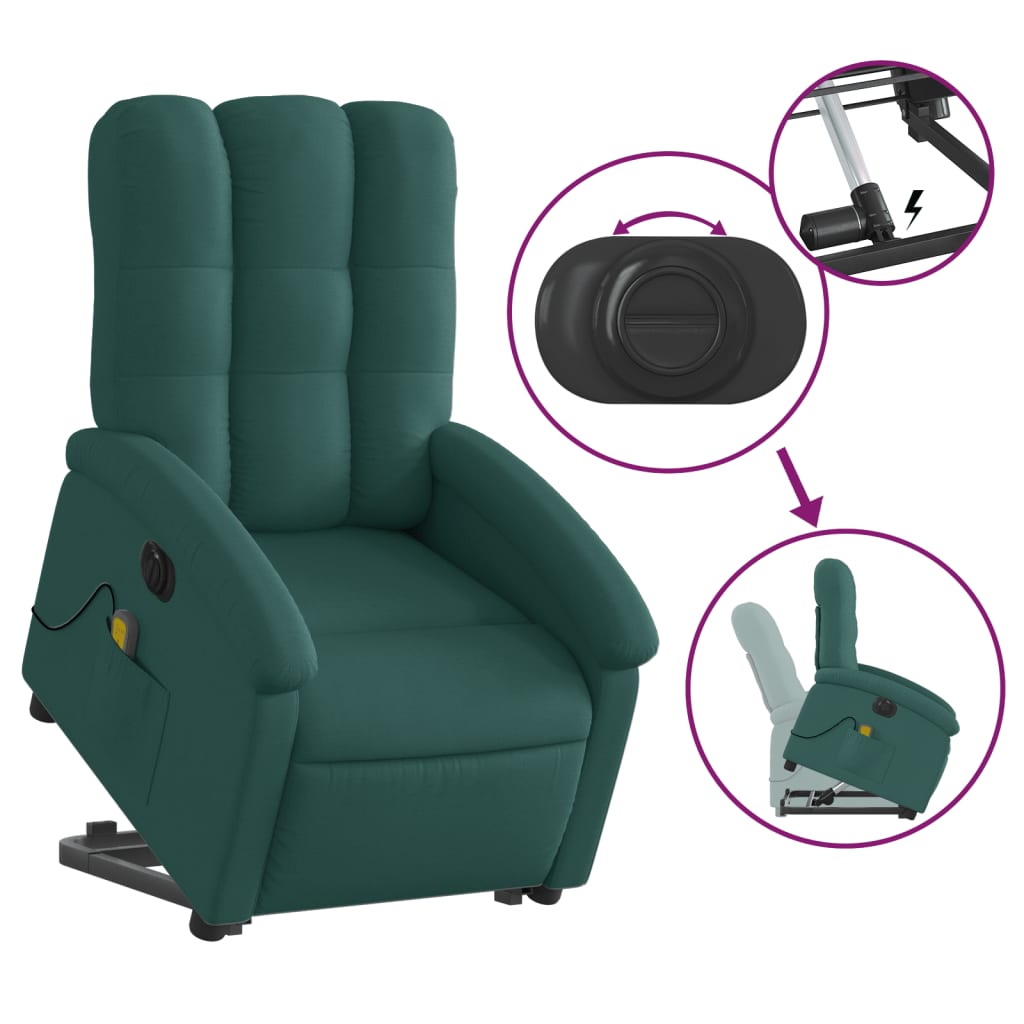 vidaXL Sillón masaje eléctrico reclinable elevable tela verde oscuro