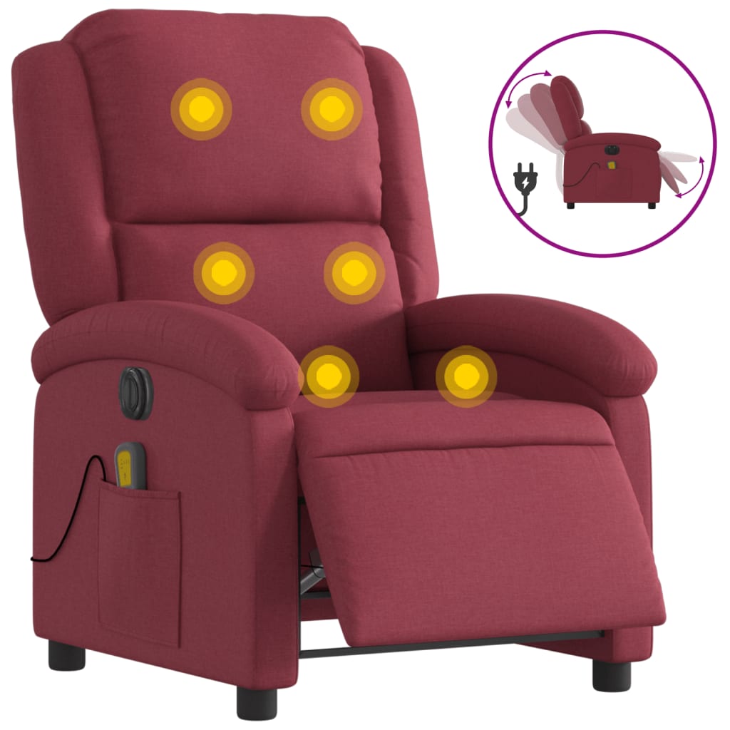 vidaXL Sillón de masaje reclinable eléctrico tela rojo tinto