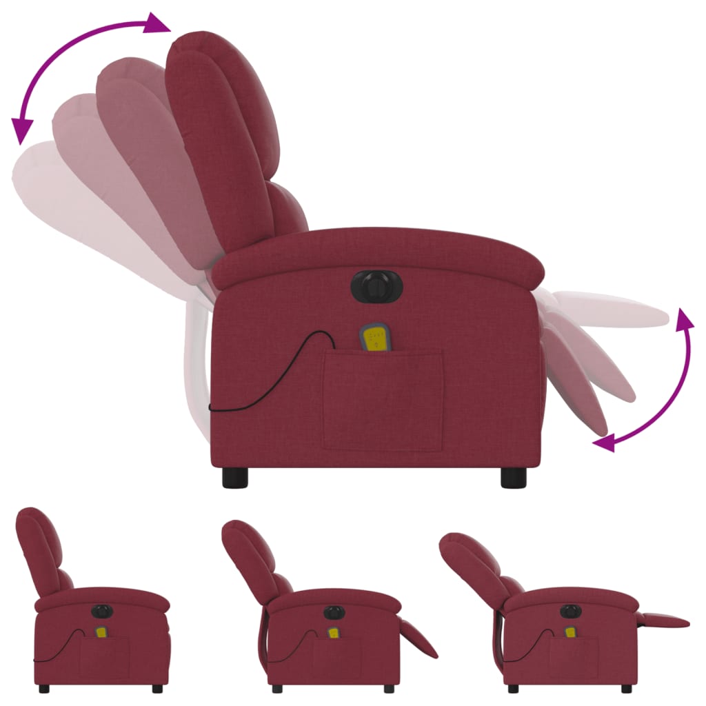 vidaXL Sillón de masaje reclinable eléctrico tela rojo tinto