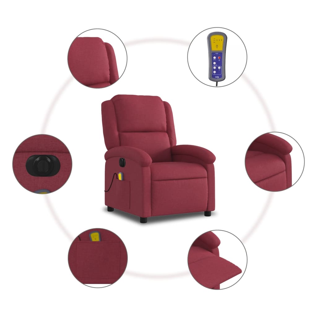 vidaXL Sillón de masaje reclinable eléctrico tela rojo tinto