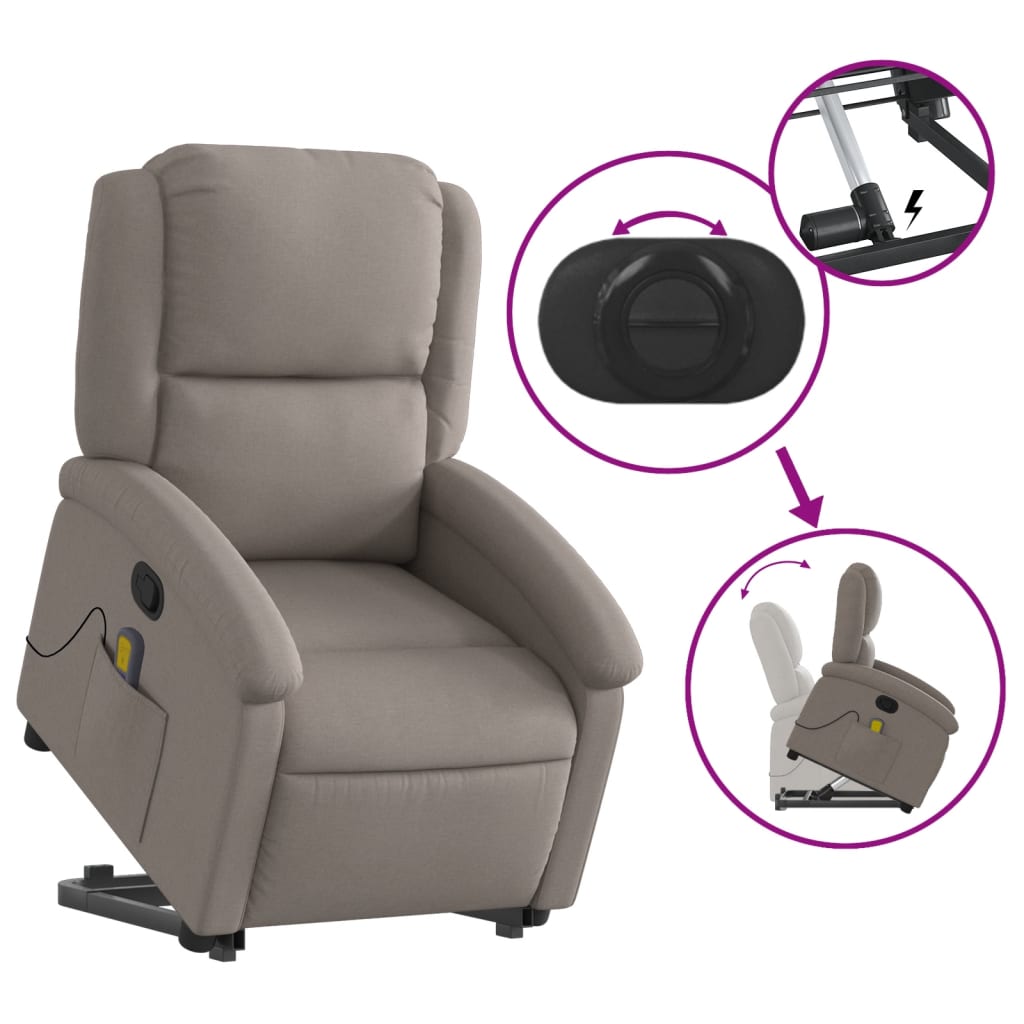 vidaXL Sillón reclinable de masaje elevable tela gris taupé