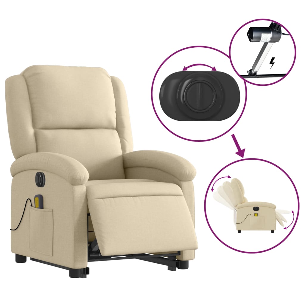 vidaXL Sillón de masaje eléctrico reclinable elevable tela crema