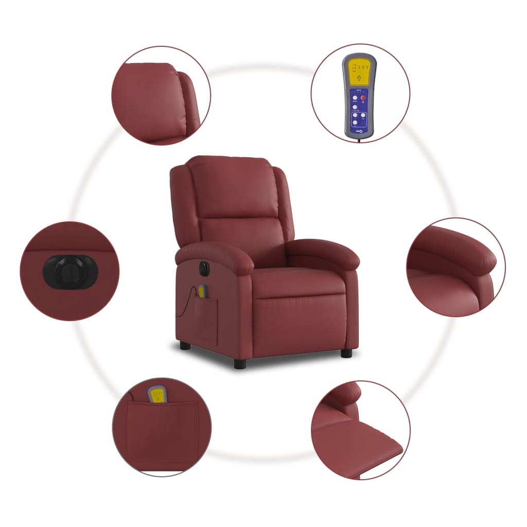 vidaXL Sillón de masaje reclinable de cuero artificial rojo tinto