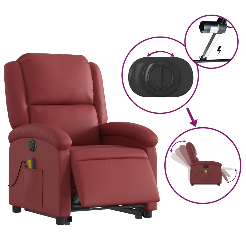 vidaXL Sillón de masaje elevable eléctrico cuero artificial rojo tinto