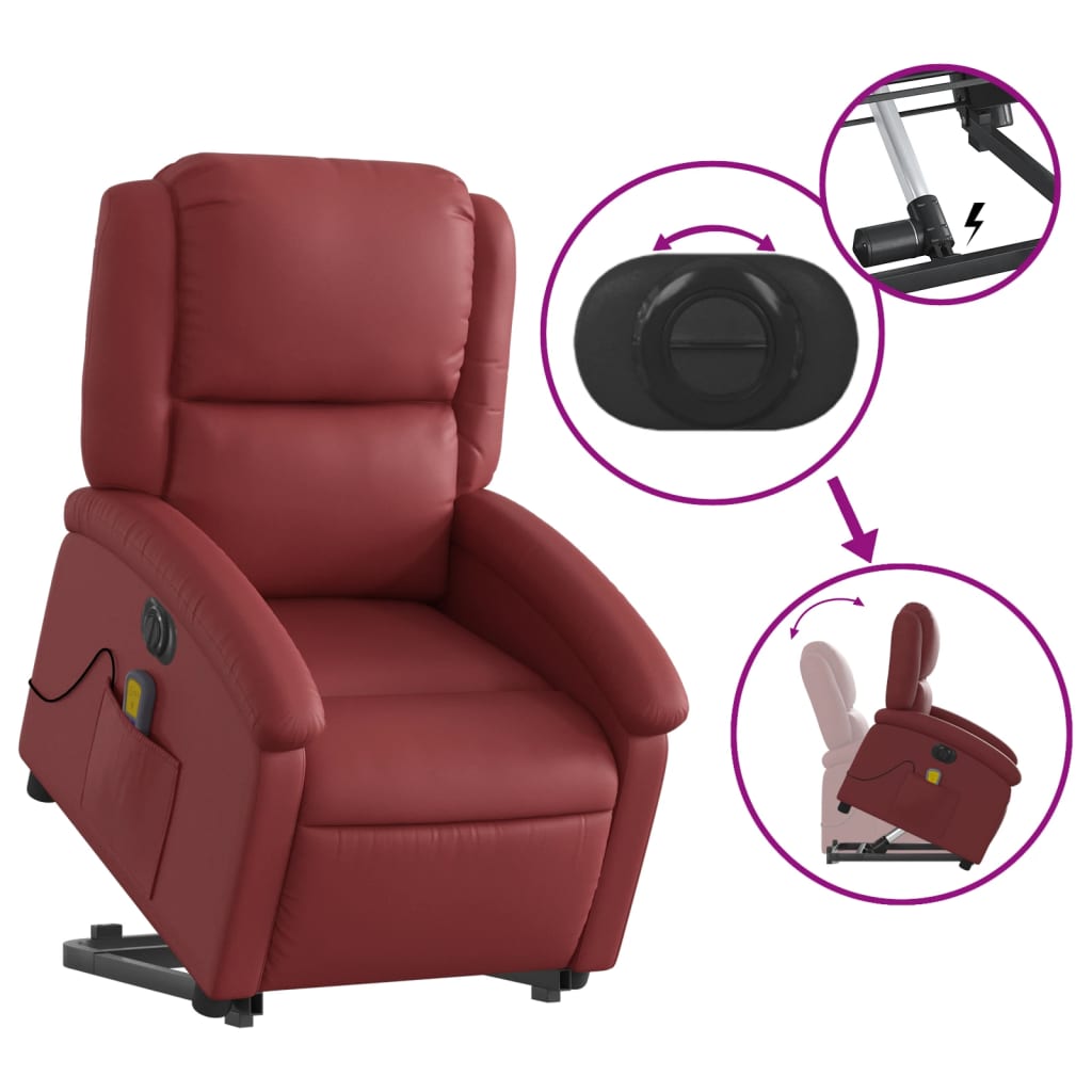 vidaXL Sillón de masaje elevable eléctrico cuero artificial rojo tinto