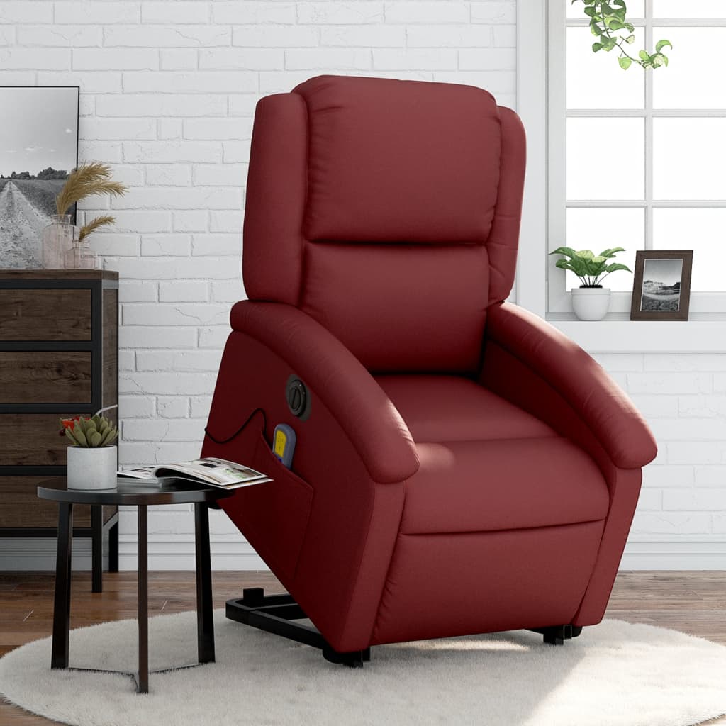 vidaXL Sillón de masaje elevable eléctrico cuero artificial rojo tinto