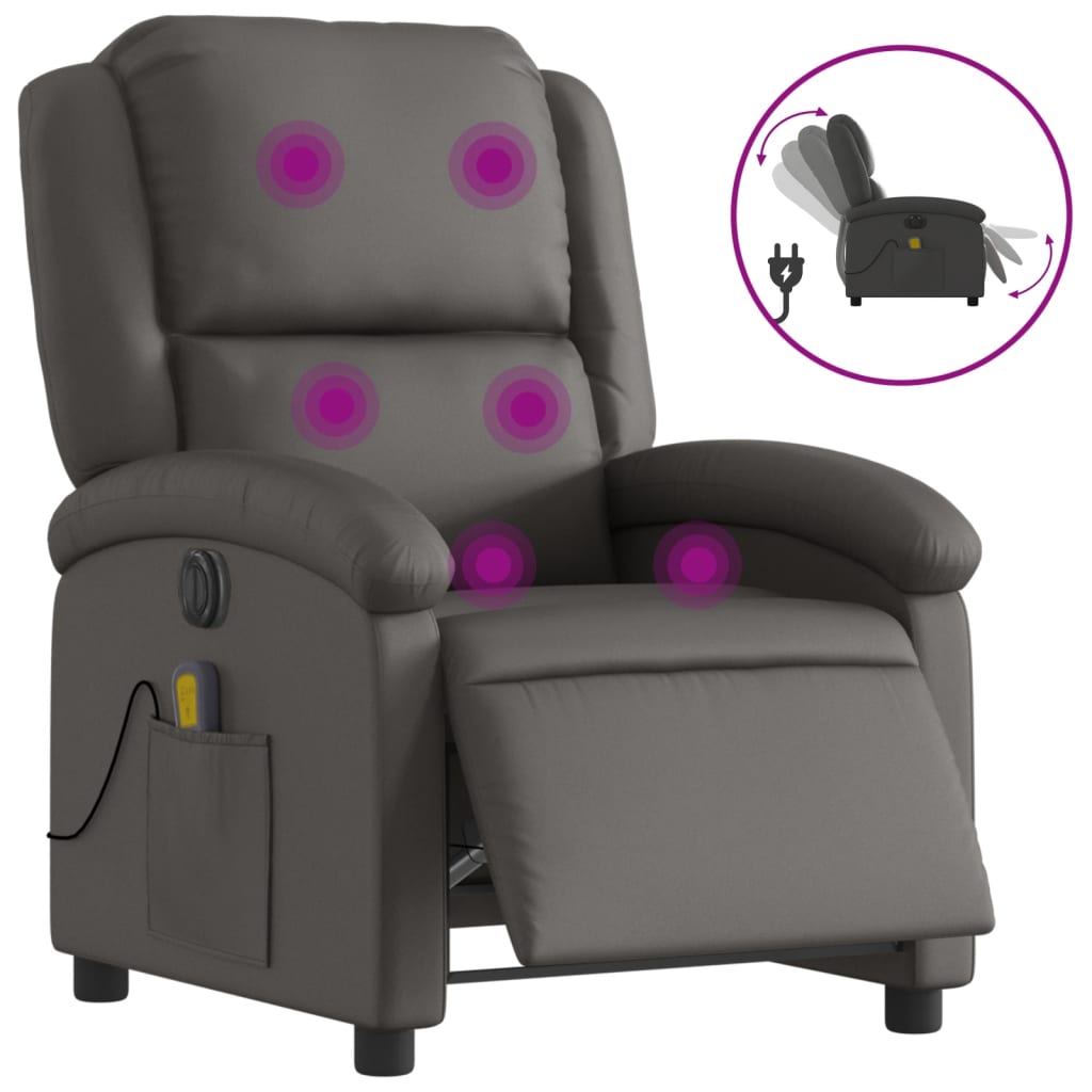 vidaXL Sillón reclinable de masaje eléctrico cuero auténtico gris