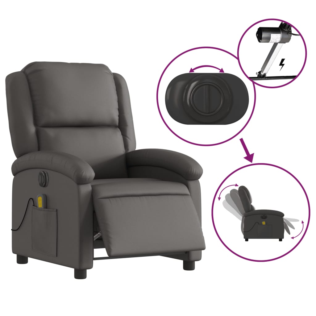 vidaXL Sillón reclinable de masaje eléctrico cuero auténtico gris