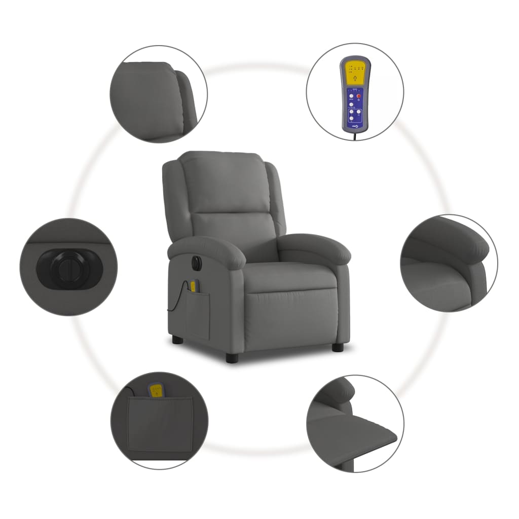 vidaXL Sillón reclinable de masaje eléctrico cuero auténtico gris