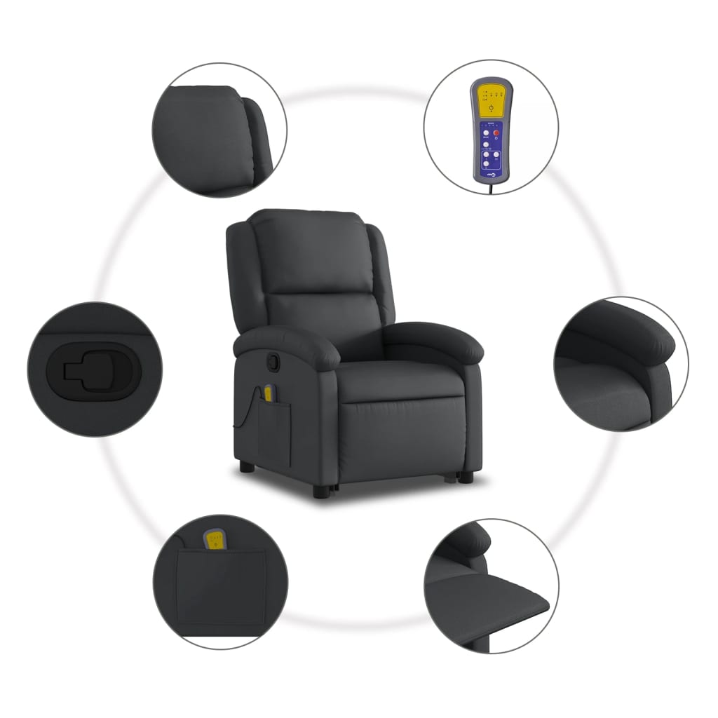 vidaXL Sillón reclinable de masaje elevable cuero auténtico negro