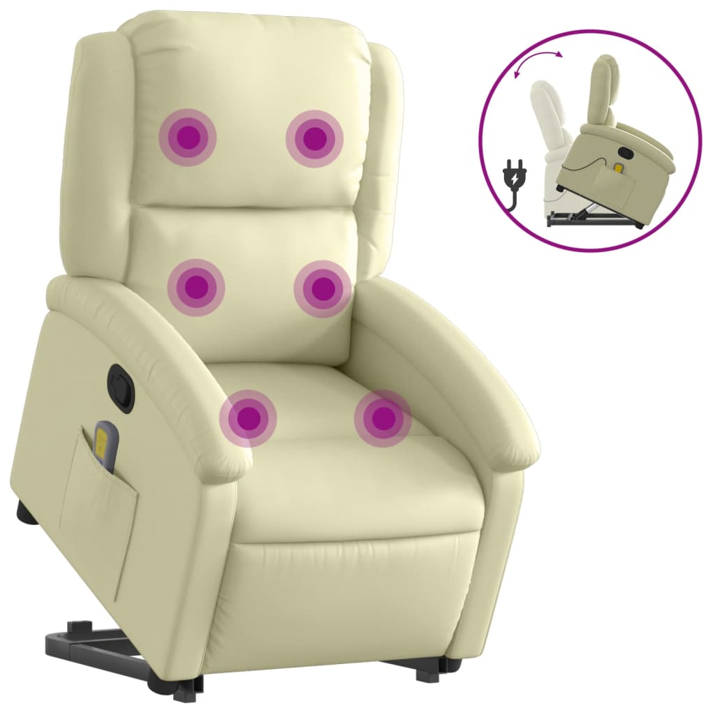 vidaXL Sillón reclinable de masaje elevable cuero auténtico crema