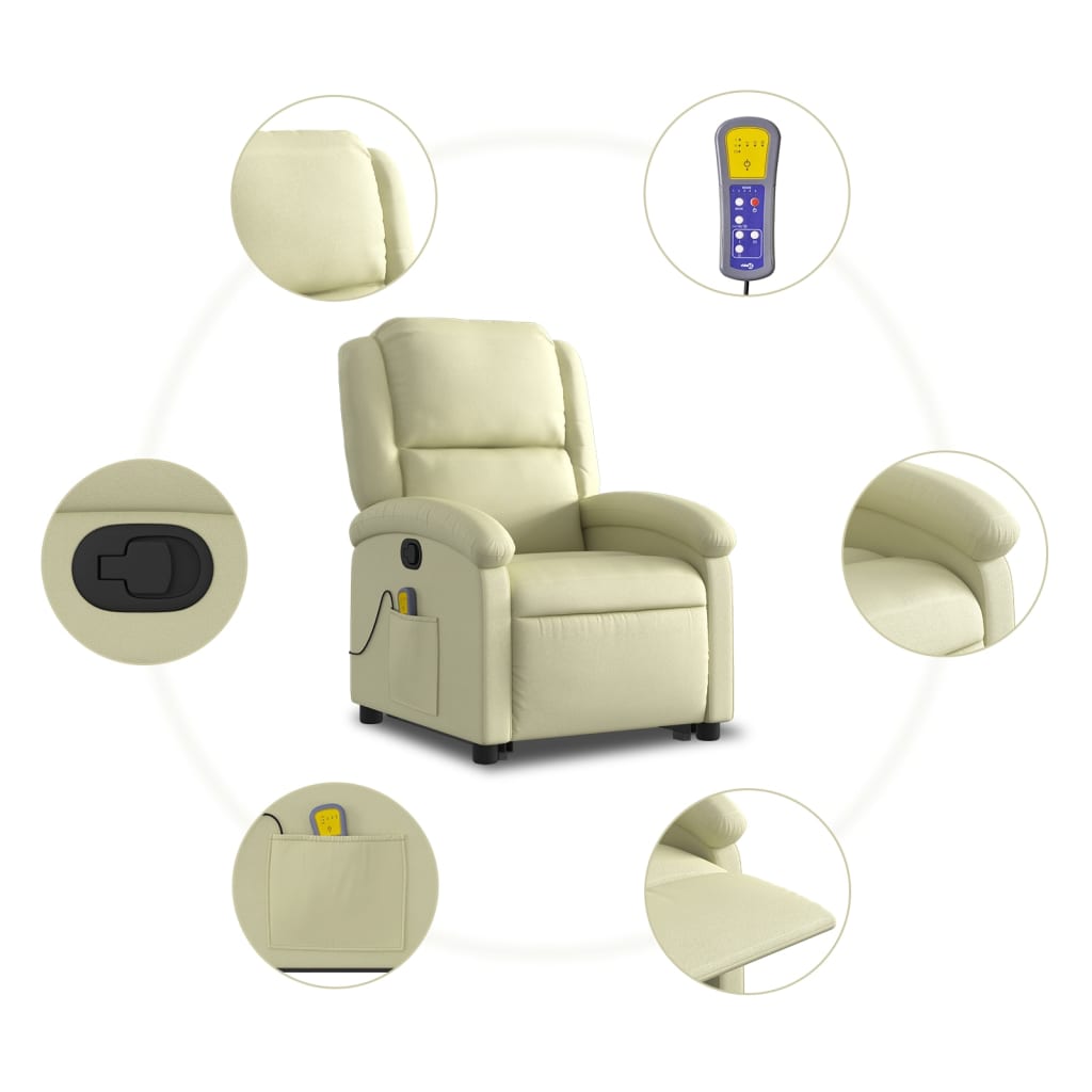 vidaXL Sillón reclinable de masaje elevable cuero auténtico crema