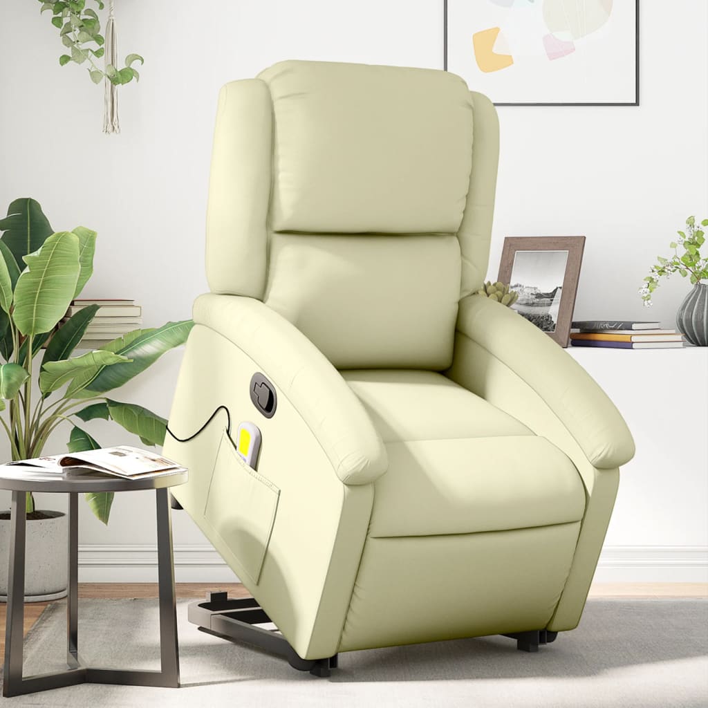 vidaXL Sillón reclinable de masaje elevable cuero auténtico crema