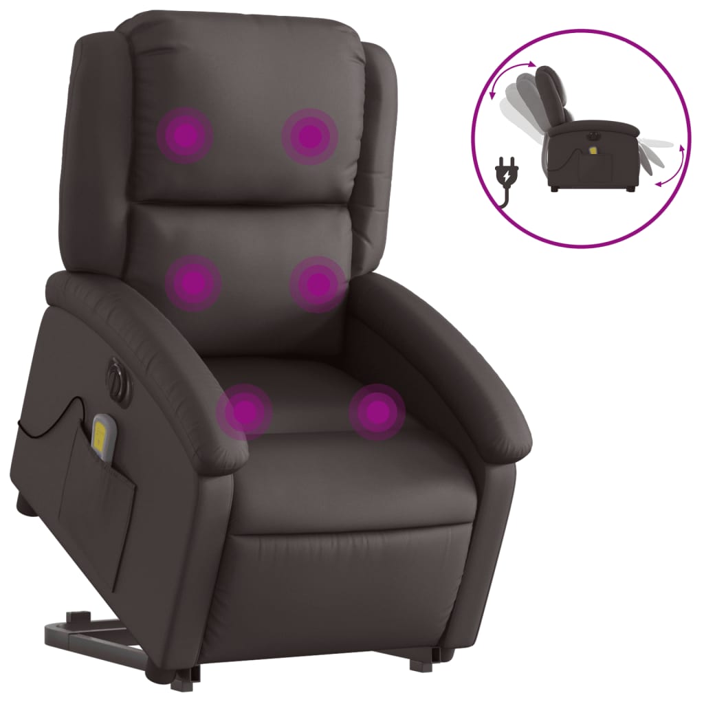 vidaXL Sillón masaje eléctrico elevable cuero auténtico marrón oscuro