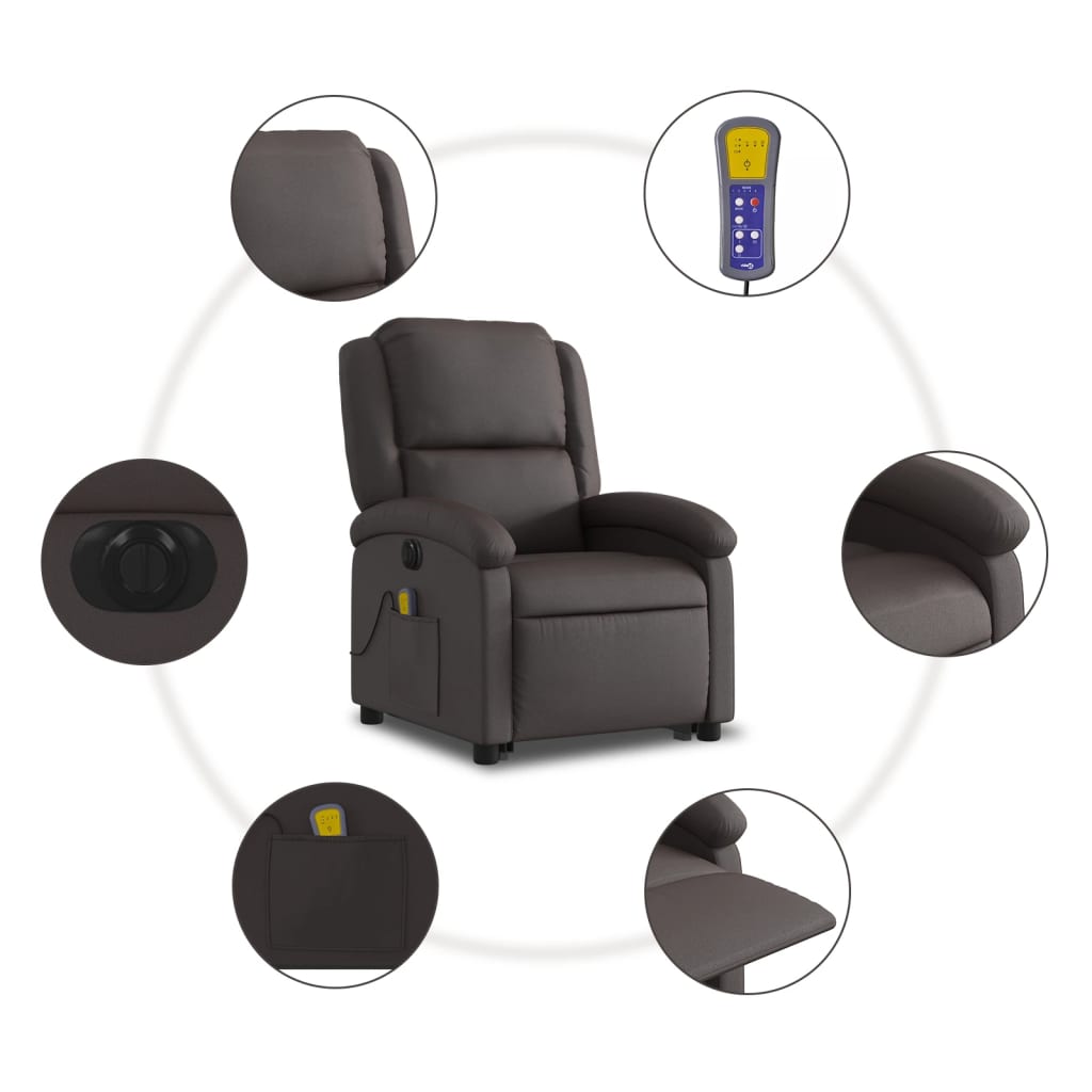 vidaXL Sillón masaje eléctrico elevable cuero auténtico marrón oscuro