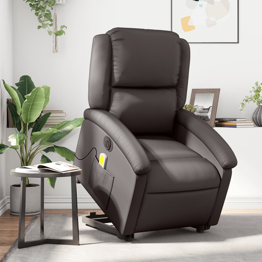 vidaXL Sillón masaje eléctrico elevable cuero auténtico marrón oscuro