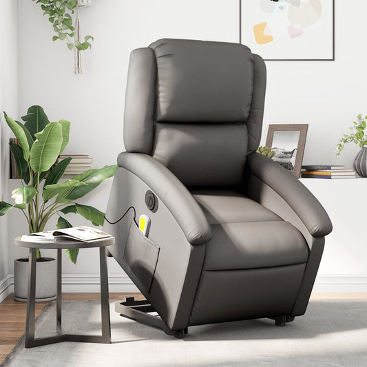 vidaXL Sillón reclinable masaje eléctrico de pie cuero auténtico gris