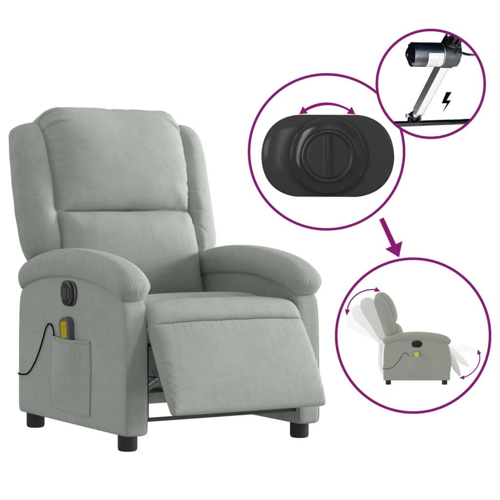 vidaXL Sillón reclinable de masaje eléctrico terciopelo gris claro