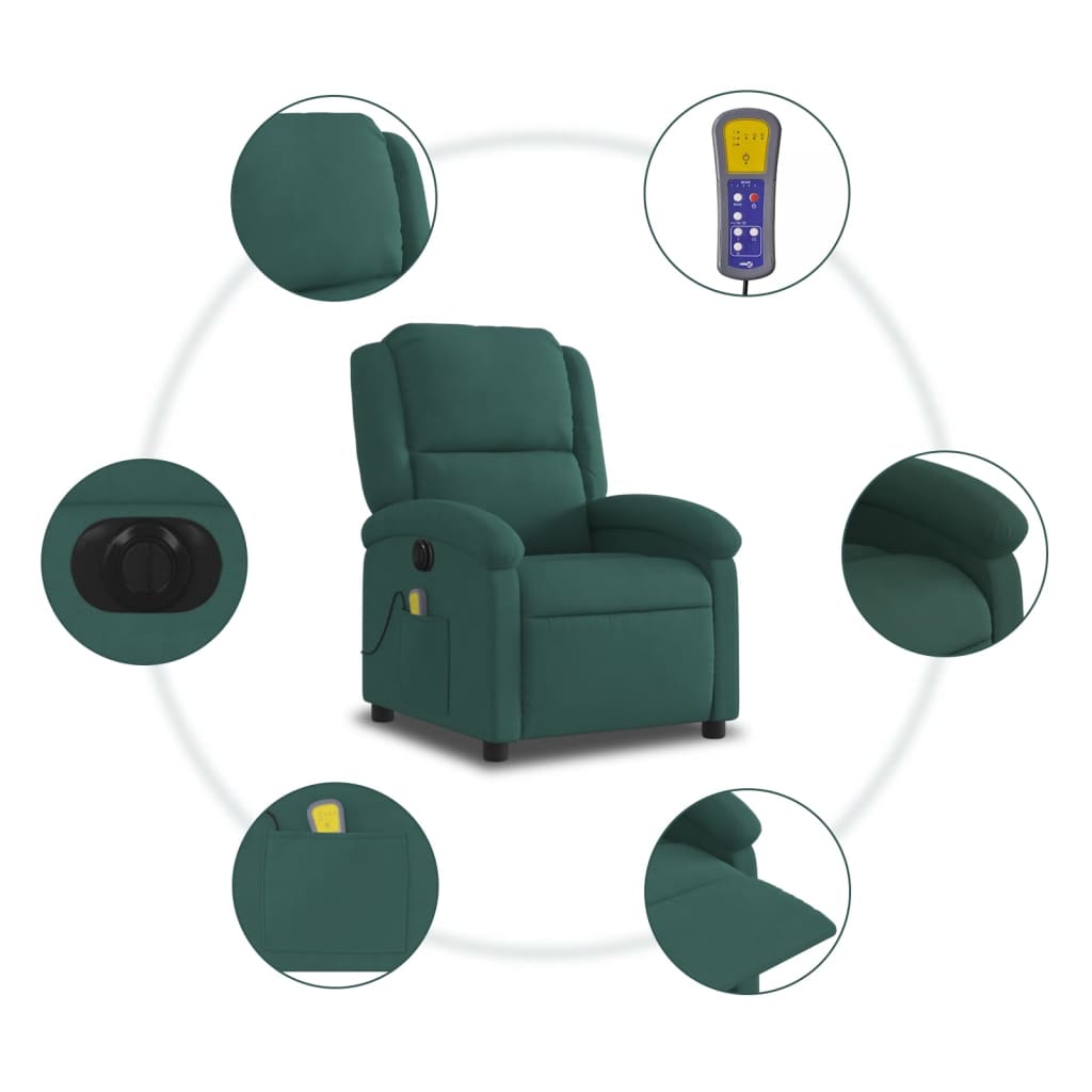 vidaXL Sillón reclinable de masaje eléctrico terciopelo verde oscuro