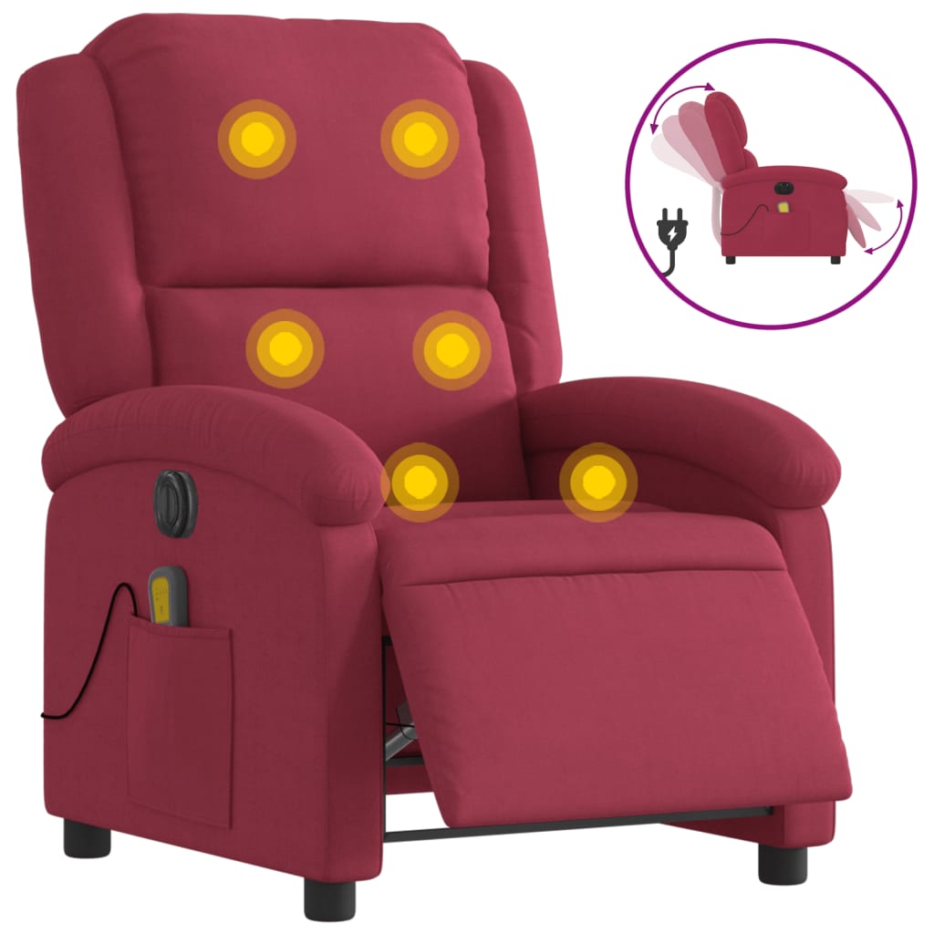 vidaXL Sillón reclinable de masaje eléctrico terciopelo rojo tinto