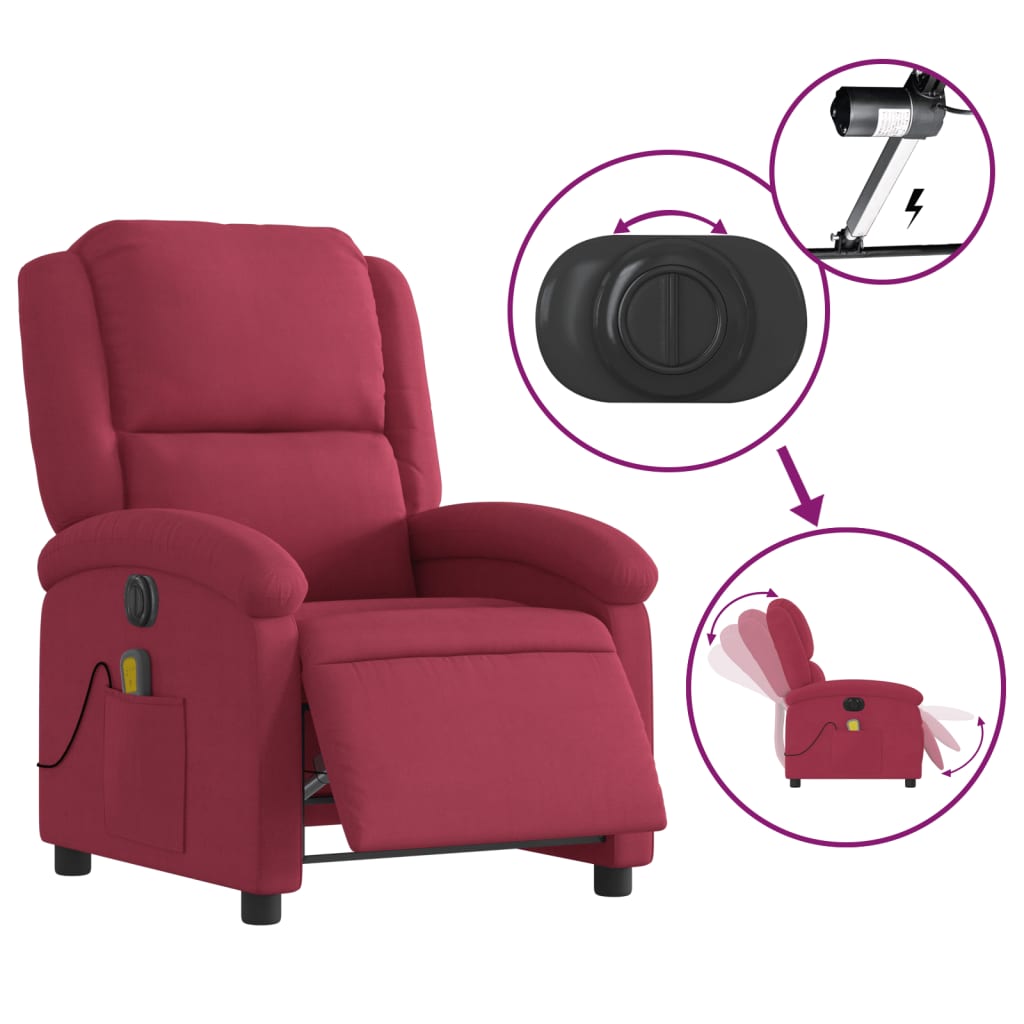 vidaXL Sillón reclinable de masaje eléctrico terciopelo rojo tinto