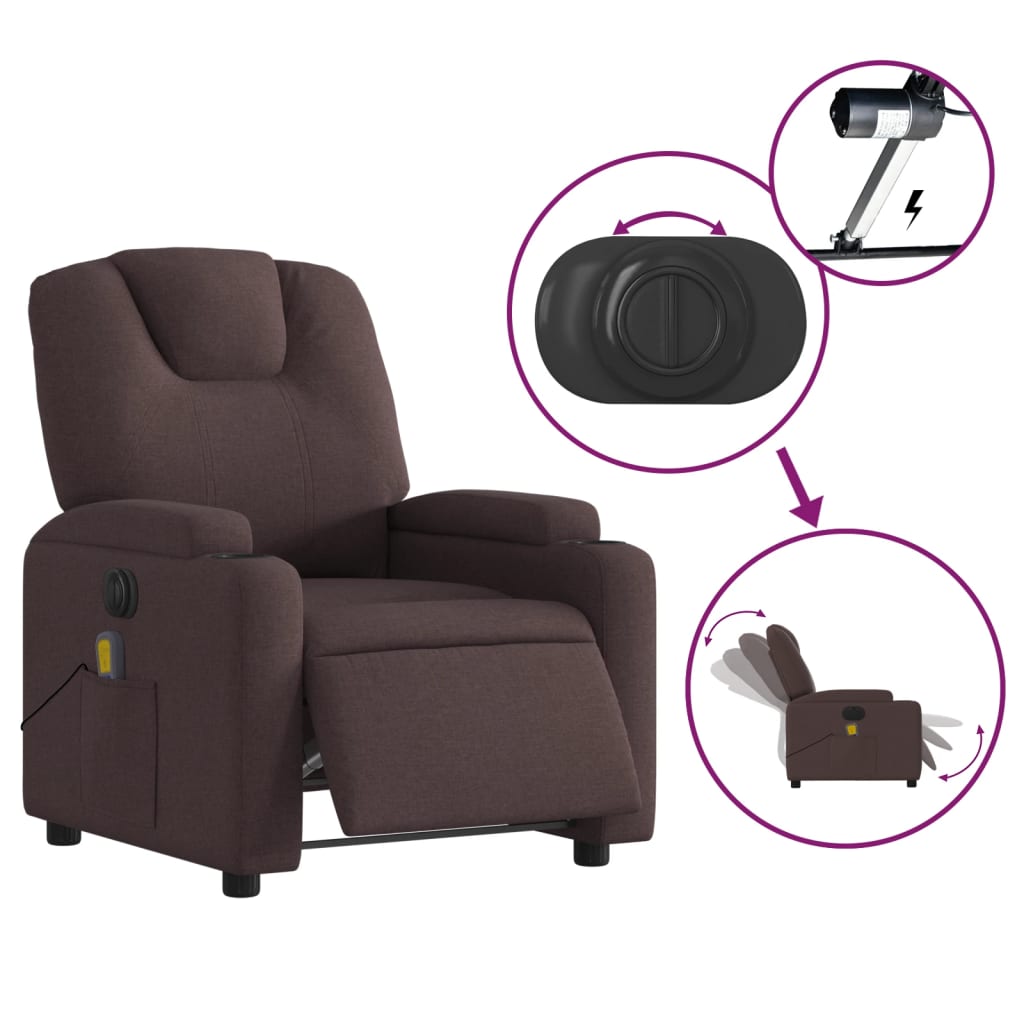 vidaXL Sillón reclinable de masaje eléctrico tela marrón oscuro