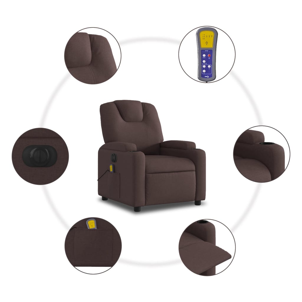 vidaXL Sillón reclinable de masaje eléctrico tela marrón oscuro